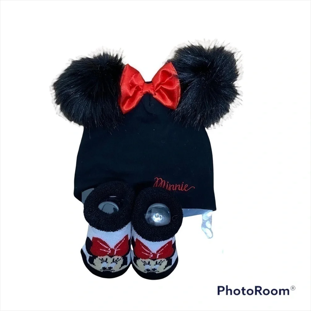 Minnie Mouse Fuzzy Ear Hat & Sock Booties NEW Baby Disney Black Red Bow